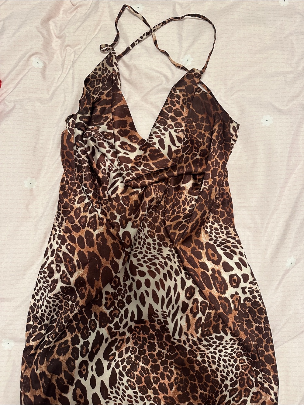 Oh Polly Leopard Print Satin Dress - Brown & Cream